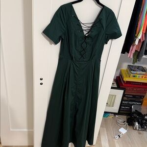 STAUD Dark Green Lace-Up Midi Dress NWT